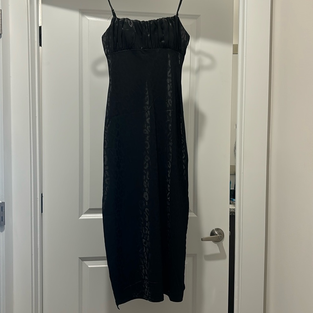 Satin cheetah print black midi dress